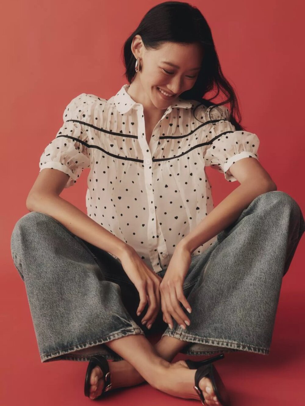 Anthropologie The Leandra Shirred Yoke Blouse by Maeve size L new ivory